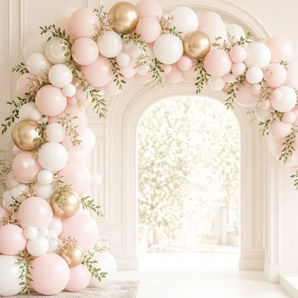 Blush pink balloon garland kit styled for a wedding table