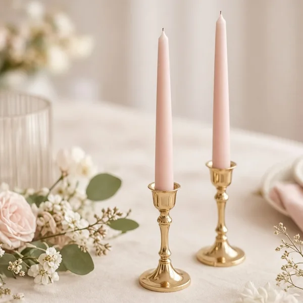 Blush pink taper candles styled for a wedding table