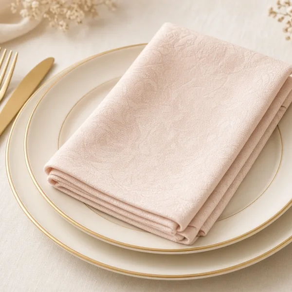 Blush pink cloth napkins styled for a wedding table