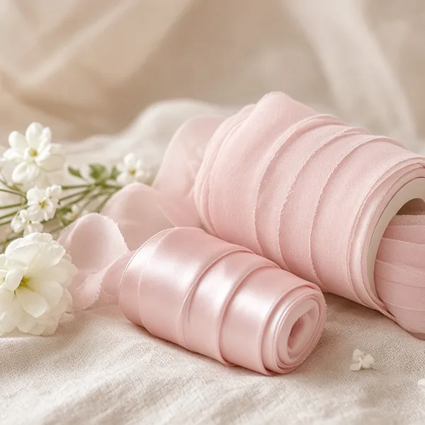 Blush pink chiffon & satin ribbon styled for a wedding table