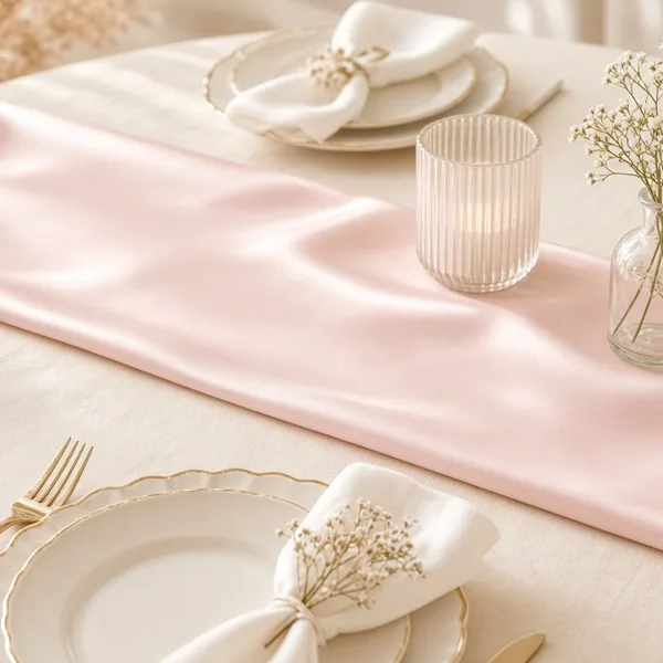 Blush pink satin table runner styled for a wedding table