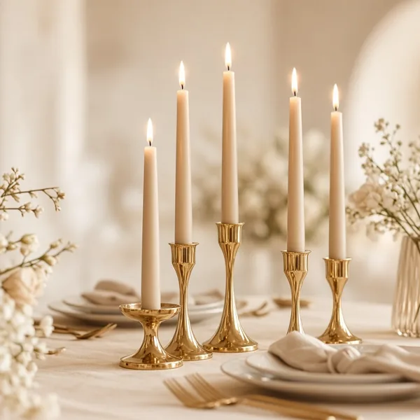 Champagne taper candles styled for a wedding table