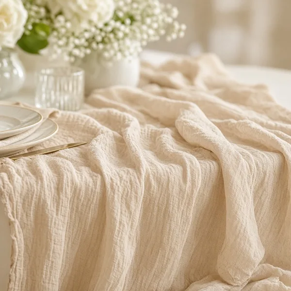 Champagne cheesecloth table runner styled for a wedding table