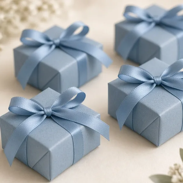 Dusty blue favor bags & boxes styled for a wedding table
