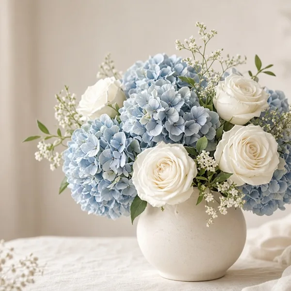 Dusty blue artificial flowers styled for a wedding table