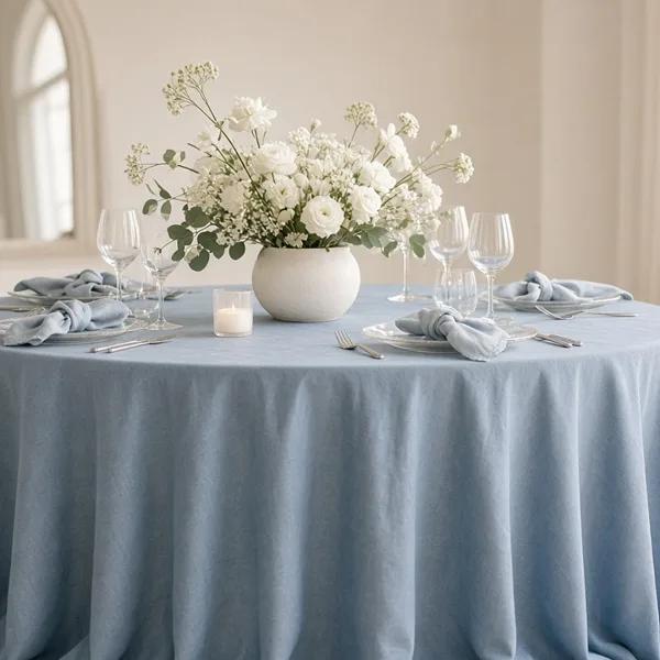 Dusty blue tablecloth styled for a wedding table