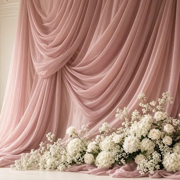Dusty rose chiffon backdrop drapes styled for a wedding table