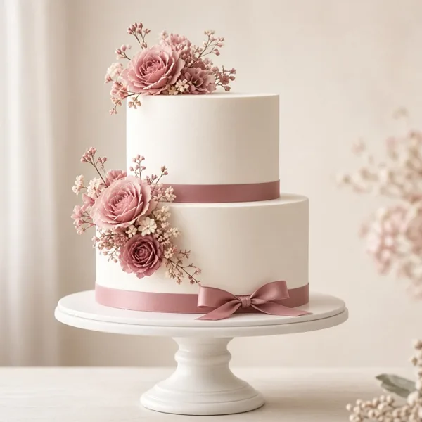 Dusty rose cake topper & flowers styled for a wedding table