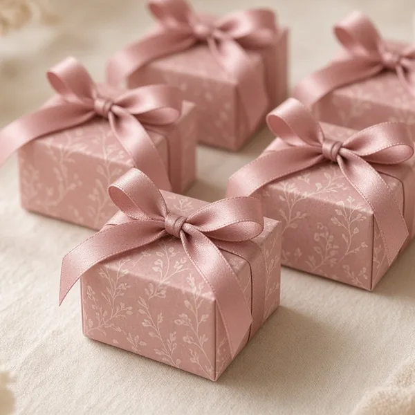 Dusty rose favor bags & boxes styled for a wedding table