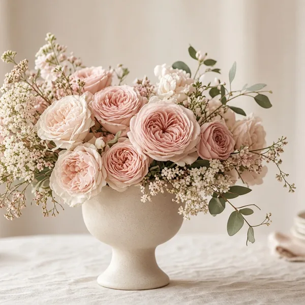 Dusty rose artificial flowers styled for a wedding table