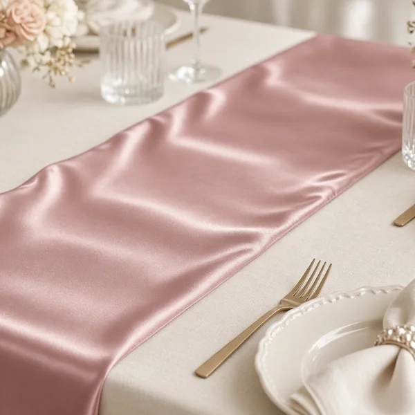 Dusty rose satin table runner styled for a wedding table