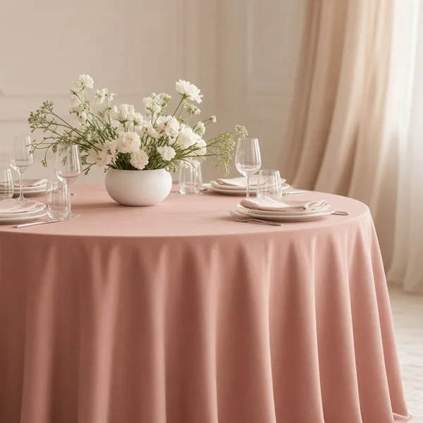 Dusty rose tablecloth styled for a wedding table