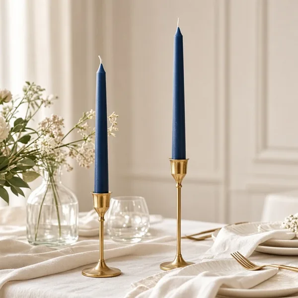 Navy blue taper candles styled for a wedding table