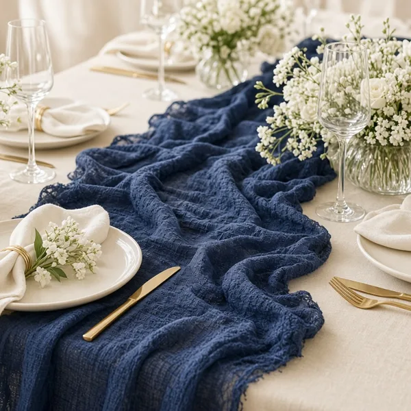 Navy blue cheesecloth table runner styled for a wedding table