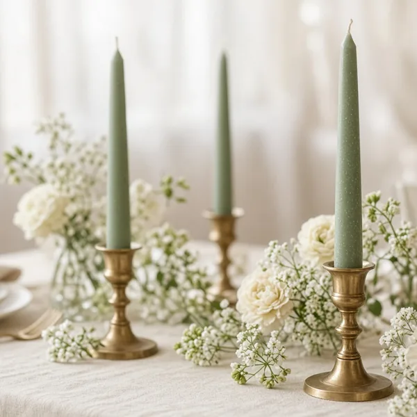 Sage green taper candles styled for a wedding table