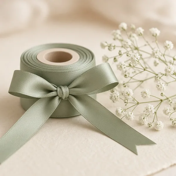 Sage green chiffon & satin ribbon styled for a wedding table