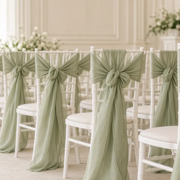 Sage green chair sashes styled for a wedding table