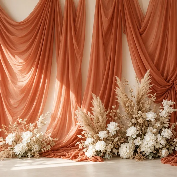 Terracotta chiffon backdrop drapes styled for a wedding table