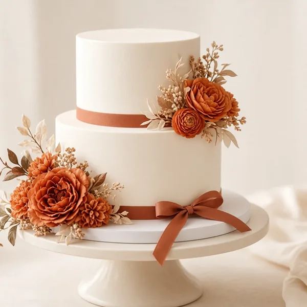 Terracotta cake topper & flowers styled for a wedding table