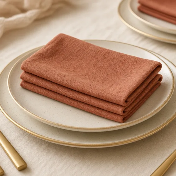 Terracotta cloth napkins styled for a wedding table