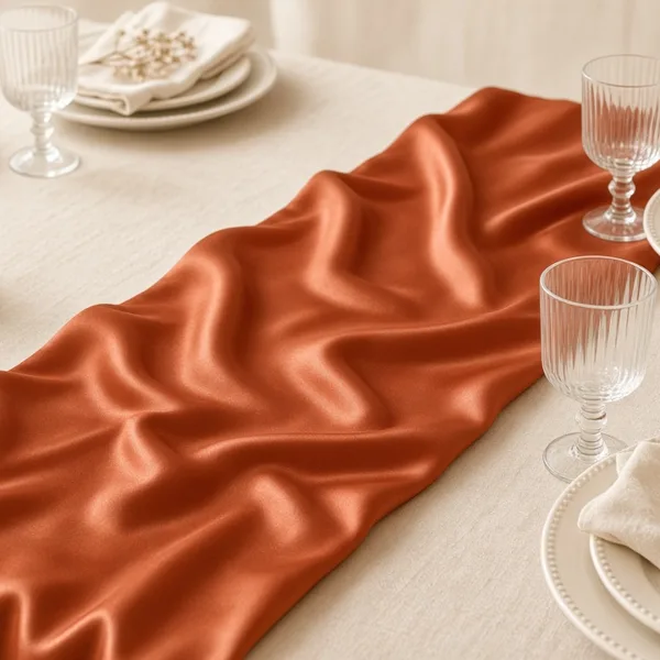 Terracotta satin table runner styled for a wedding table