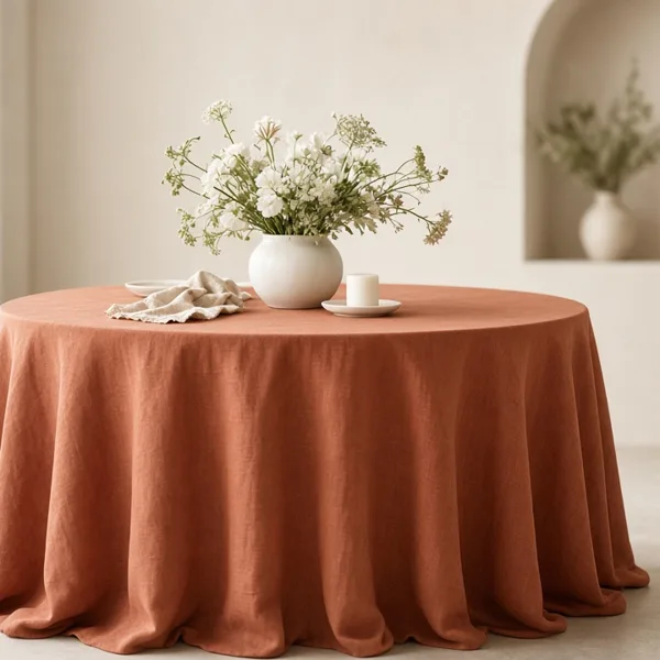 Terracotta tablecloth styled for a wedding table