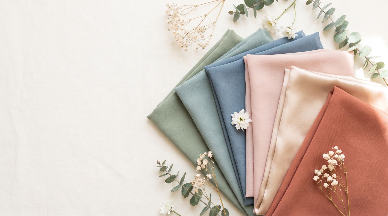 Bridesmaid fabric swatches in sage, dusty blue, blush, champagne and terracotta with eucalyptus and baby's breath